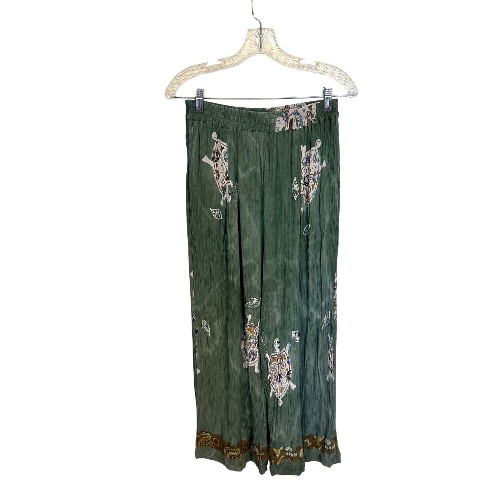 Womens Green Wide Leg Pants Boho Elastic Waistband Crinkled Turtle 8 Medium